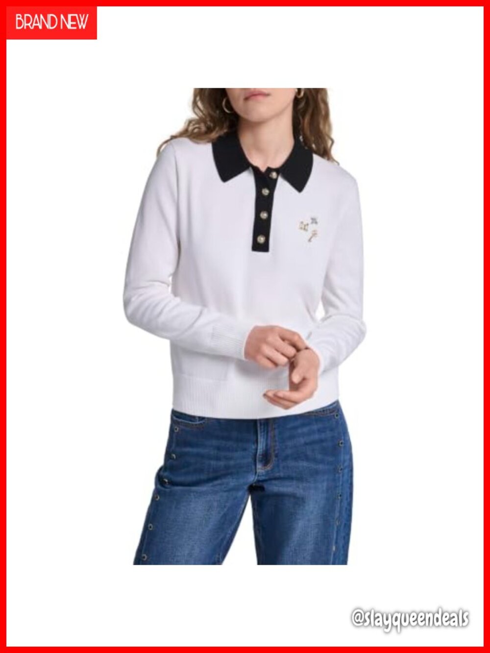 Rivet Detail Collared Button Long Sleeve Sweater Combed Cotton